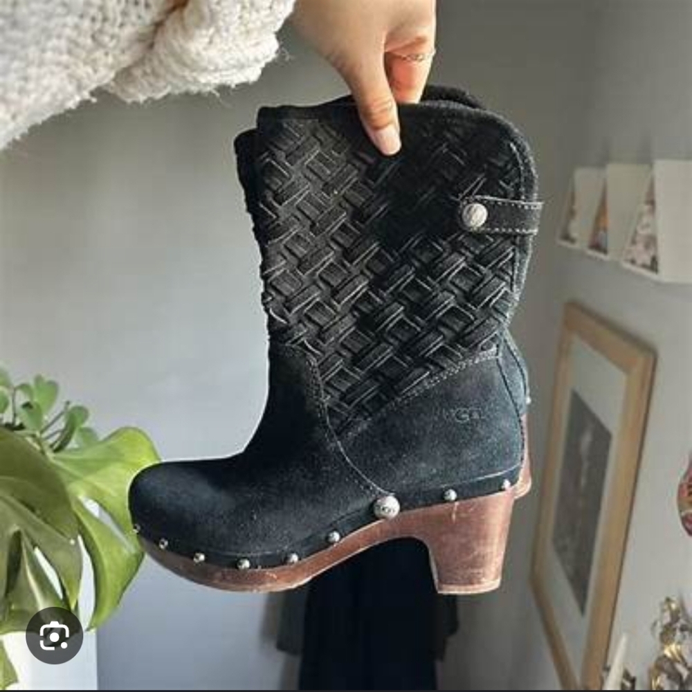 UGG Elegant Black Suede Leather With Sheepskin Women's Clog Wooden Sole Boots_7 - Picture 10 of 10